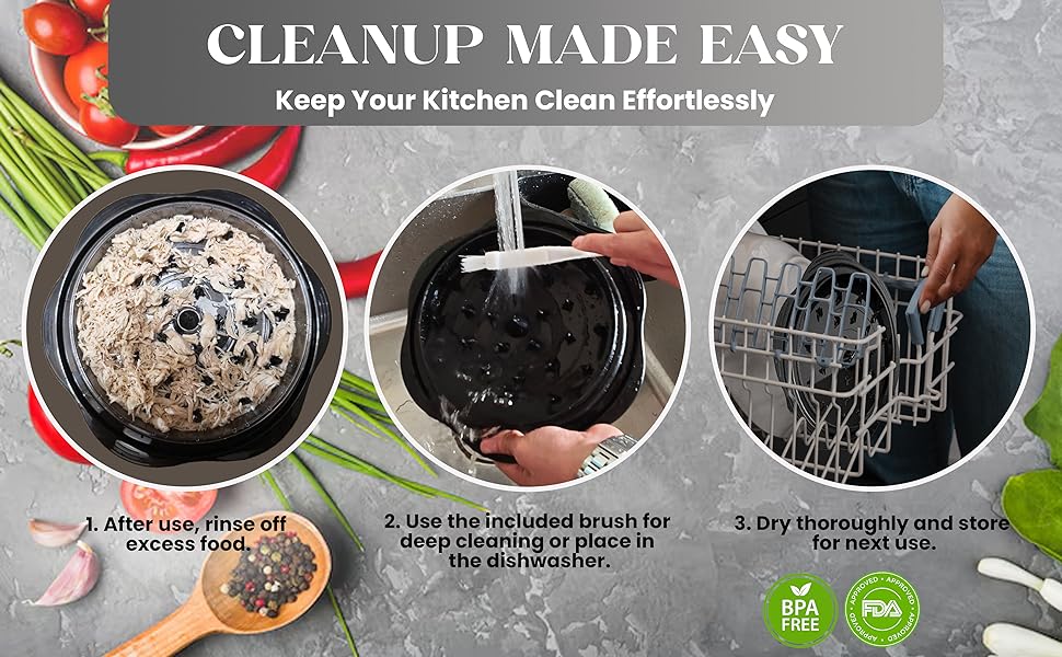 dishwasher safe, meat shredder clean, brush included