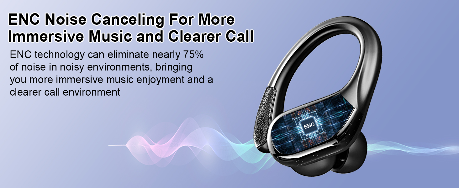 Black wireless headphones with ENC noise-canceling technology, featuring blue digital interface visualization and sleek over-ear design.