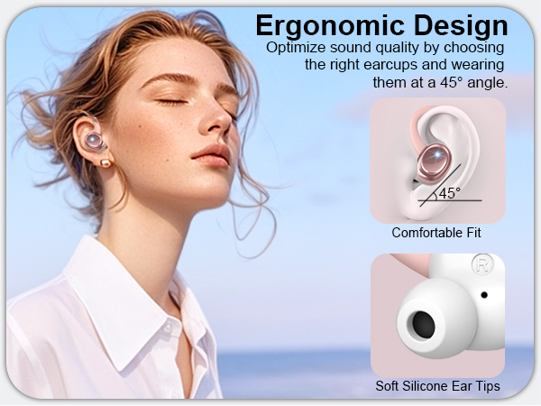Product diagram showing wireless earbuds with 45-degree ergonomic design, featuring soft silicone ear tips and detailed fit specifications.