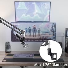 Adjustable mounting clamp with maximum 1.26-inch diameter capacity, shown in desk setup context with computer monitor in background.