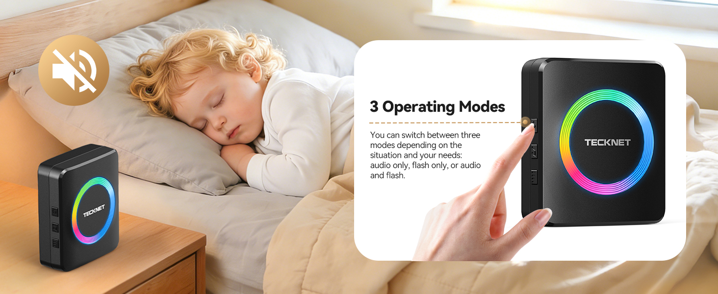 Text reads 'Image 4', '3 Operating Modes'. Product showcase featuring electronic device with illuminated RGB interface, shown in sleeping environment context.