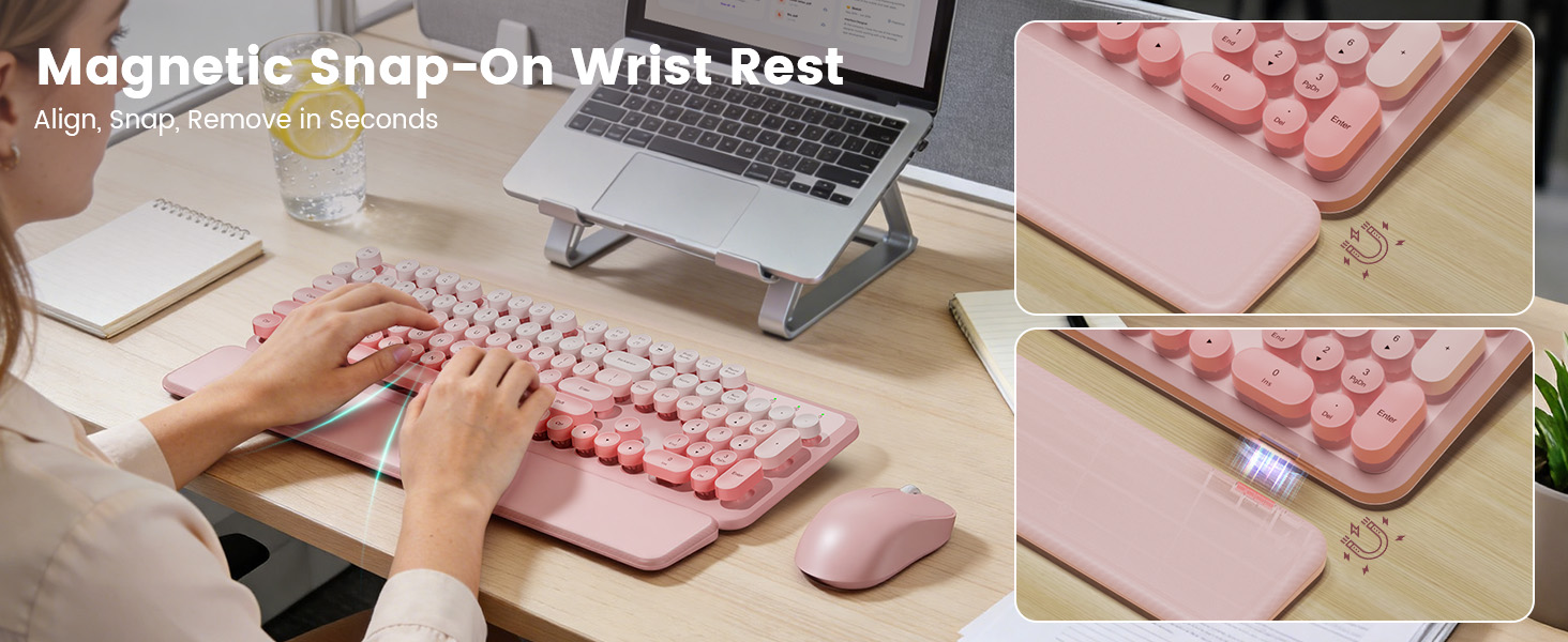 wireless keyboard with magnetic snap on wrist rest shown attaching and removing in seconds