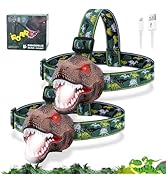 Nitigo Dinosaur Headlamp for Kids Flashlight 2 Pack, Rechargeable Led Headlights Roar &amp; Silent Mo...