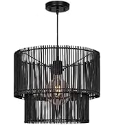 Rosient Woven Rattan Pendant Lamp, 16 Inch Large Natural Simple Hand Weaved Coastal Beach Black R...