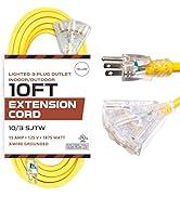 Iron Forge Cable 10 Foot Lighted Outdoor Extension Cord with 3 Lighted Electrical Power Outlets -...