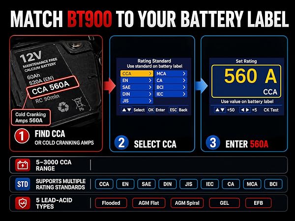 BT900 battery tester with CCA rating setup