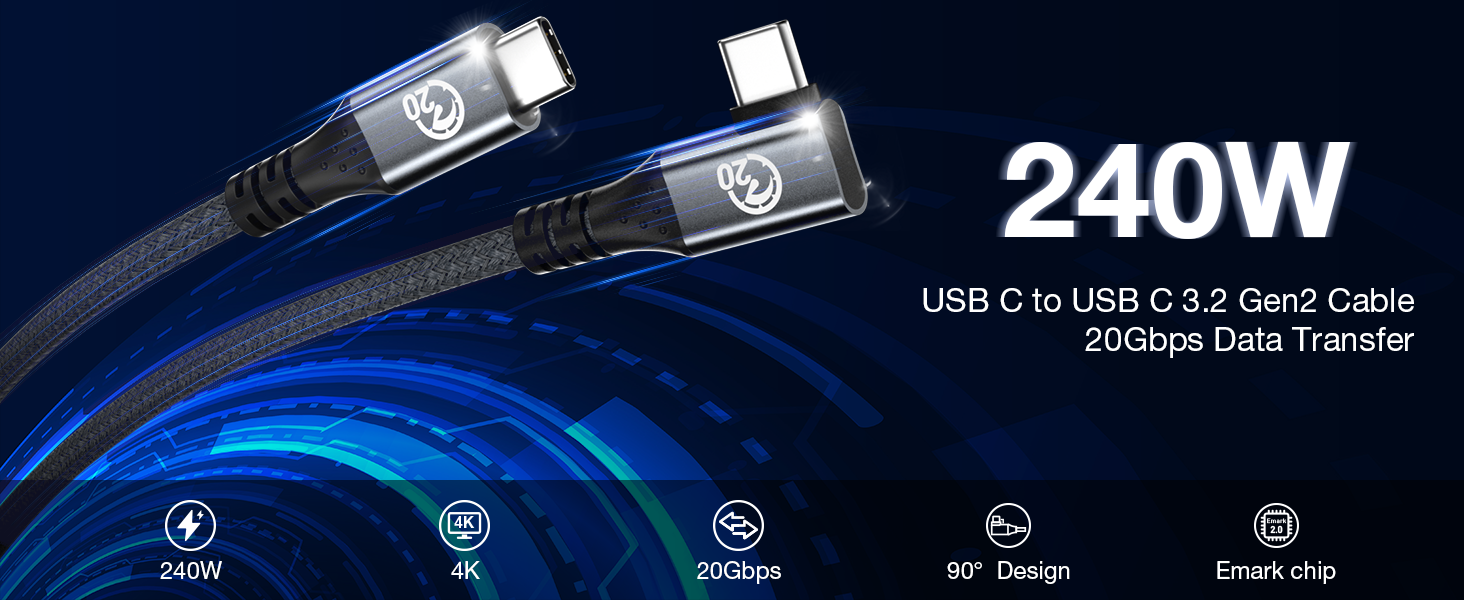 right angle usb c to usb 3.2 gen2x2 cable 20gbps data transfer