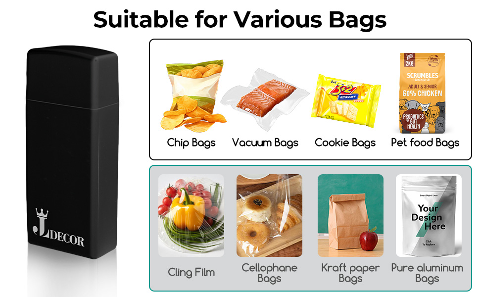Suitable for various bags including chip bags, vacuum bags, cookies bags, pet food bags.