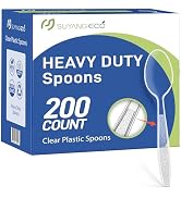 [200 Count] Plastic Spoons Heavy Duty Clear Disposable Spoon with Engraved Design - Reusable Bulk...