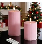 Girimax Pink Ribbed Flameless Pillar Candles with Remote, Flickering LED Wax Candles Battery Oper...