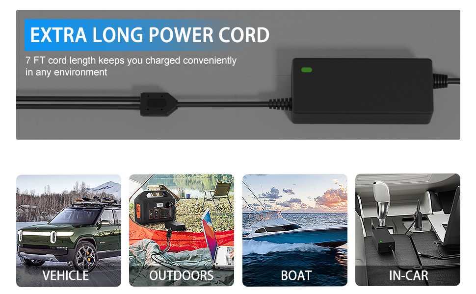 7FT cord length keeps devices charging conveniently, VEHICLE, BOAT, OUTDOORS and IN-CAR