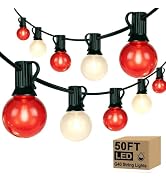 50Ft LED Red White String Lights Outdoor, Christmas Decoration Patio Lights | 25+2 Shatterproof R...
