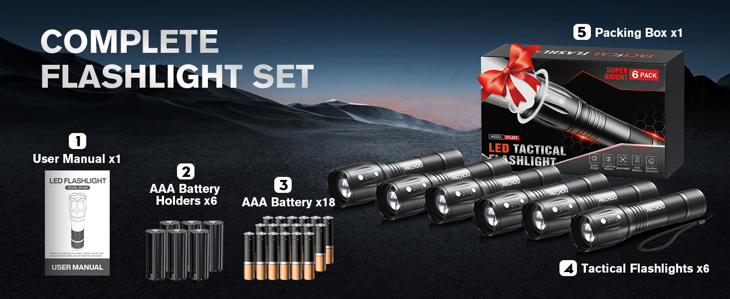 4* LED Tactical Flashlight / 4* AAA Battery Holder/ 12*AAA Batteries / 1*User Manual