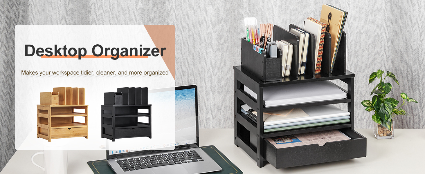 Bamboo Desk Organizer with Drawer and File Holder