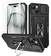 Maxdara for iPhone 15 Case, with Slide Camera Cover &amp; Built-in Rotating Kickstand Ring &amp; Front Gl...