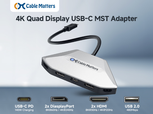 Cable Matters 4K Quad Display USB C MST Adapter with DisplayPort 2.1 and HDMI 2.1, 8K resolution
