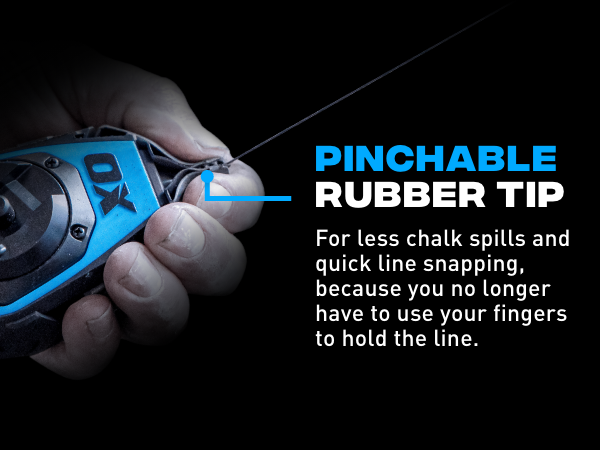 Pinchable rubber tip for less chalk spills and quick line snapping.