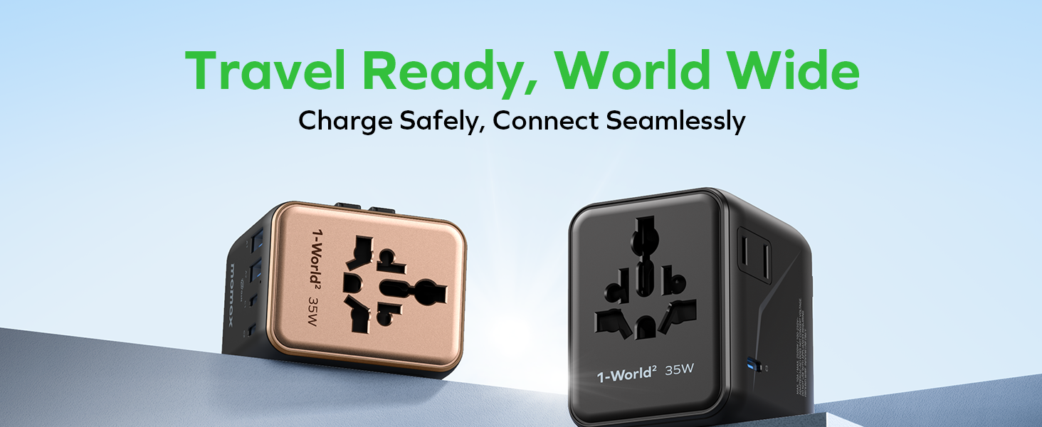Text reads 'Travel Ready, World Wide. Charge Safely, Connect Seamlessly.' Image shows two universal power adapters in rose gold and black colors.
