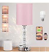 Pink Touch Bedside Lamps for Bedrooms - Crystal Table Lamp with USB C+A Charging Port and AC Outl...