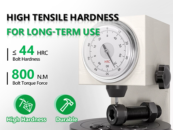 Technical gauge display showing bolt hardness of 44 HRC and torque force of 800 N.M, with green icons indicating high hardness and durability features.