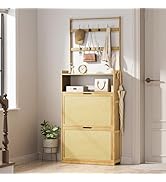 Dezyfurni Shoe Cabinet with 2 Rattan Flip Drawers,Bamboo Shoe Storage Cabinet with Coat Hooks, Fr...