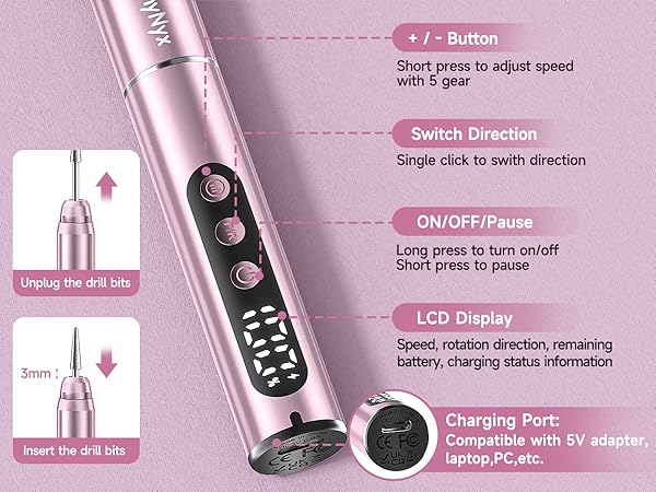 LCD screen shows speed, rotation direction, and battery level. Easily adjust settings