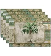 Wnoesat Tropical Palm Tree Placemats Set of 4 Summer Vintage Green Leaf Kitchen Table Mat 12x18 I...