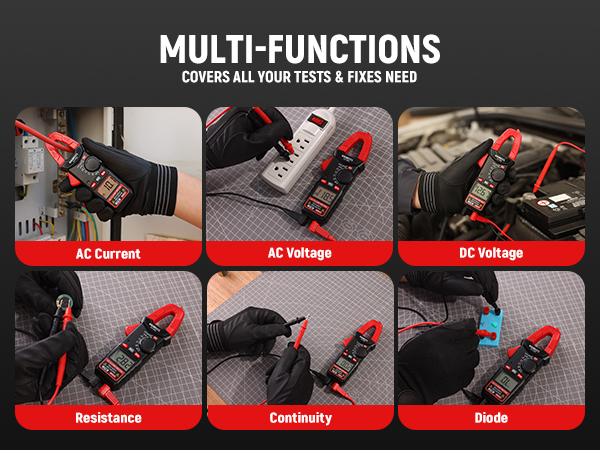 Text reads 'MULTI-FUNCTIONS COVERS ALL YOUR TESTS &amp; FIXES NEED'. Grid of product photos showing electronic testing functions: AC Voltage, AC Amperage, DC Voltage, Resistance, Continuity, Diode.