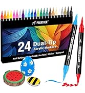 Pagather 24 Colors Acrylic Paint Markers, Dual Tip with Fine Tip and Brush Tip Pens for Stone, Wo...