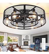 Depuley Low Profile Ceiling Fan: 26" Flush Mount Ceiling Fan Lights Reversible - Industrial Caged...