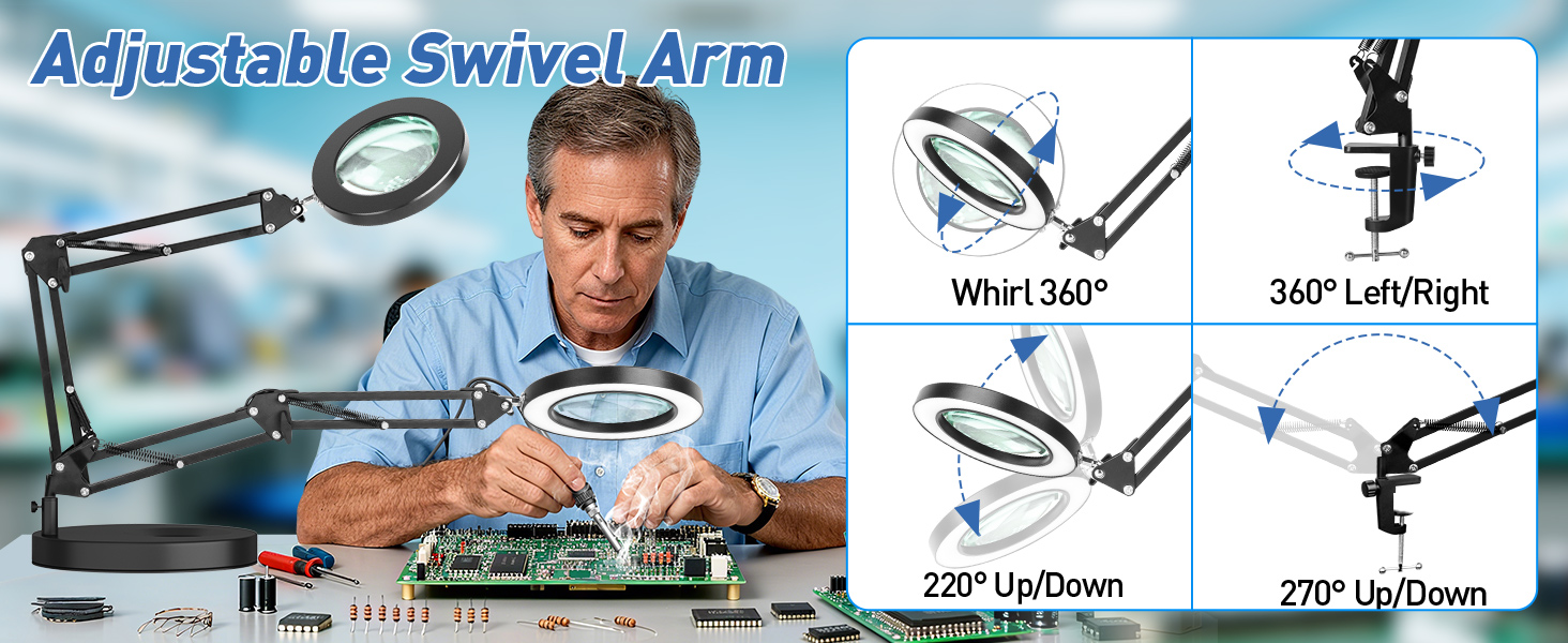 Adjustable swivel arm 10x magnifying glass with light and stand magnifying desk lamp