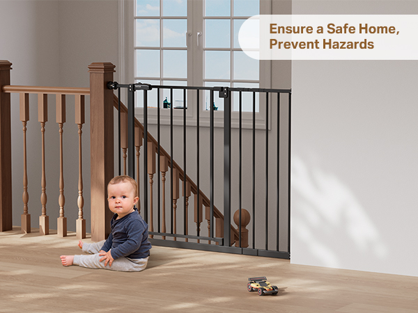 Baby safe + black gate (blocks stairs). Slogan: "Ensure a Safe Home, Prevent Hazards