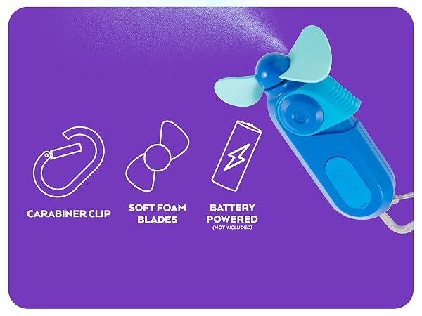 O2Cool Sport Carabiner Misting Fan Blue Misting on Purple Background