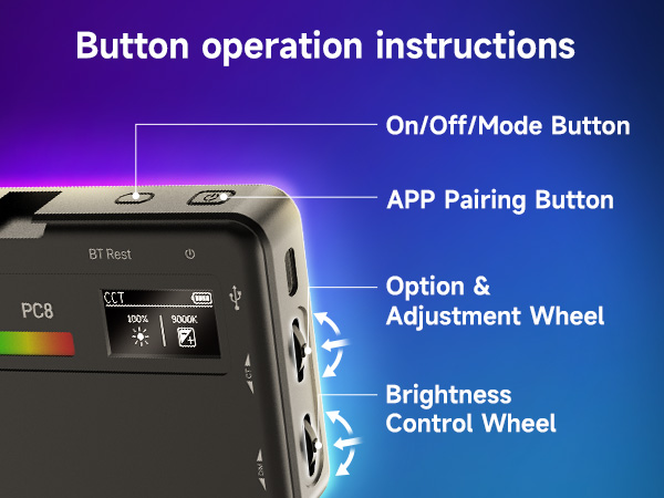 Device control interface diagram showing labeled buttons including On/Off/Mode, APP Pairing, Option &amp; Adjustment Wheel, and Brightness Control Wheel.