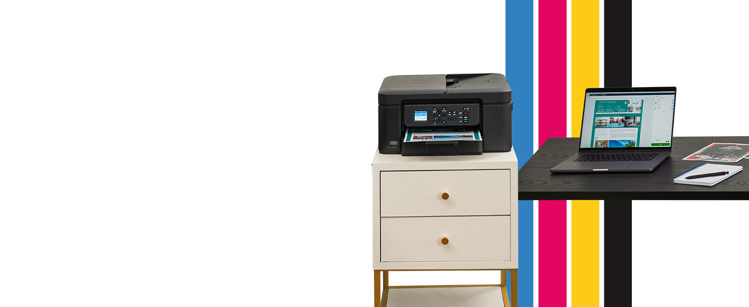 Brother Work Smart MFC-J1360DW multifunction inkjet printer, printing color flyer from laptop wifi