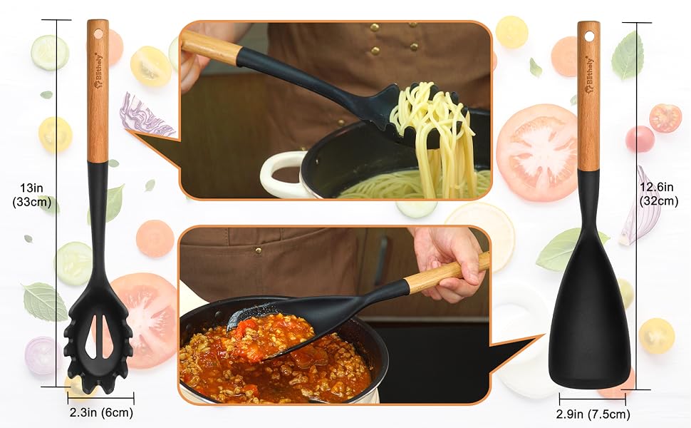 2 Pack Large Spatula Spoons Set with Wooden Handle