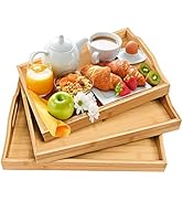 Serving Tray with Handles - Rectangular Wood Bamboo Serving Trays for Fast Food, Breakfast, Tea C...