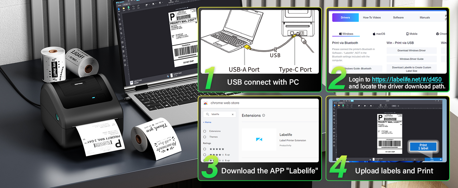 Bluetooth Shipping Label Printer, D450 Thermal Label Printer for Address Postage Small Business