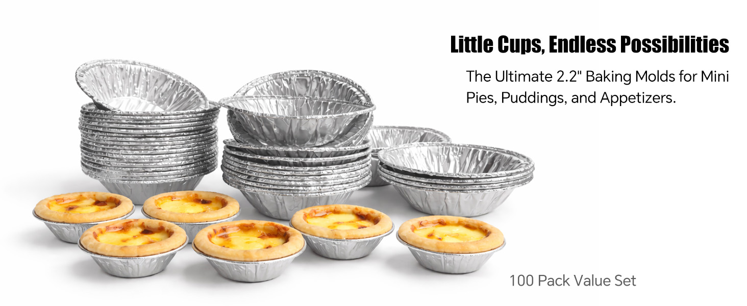 Mini aluminum foil tart cups 2.2 inch baking molds for puddings 100 pack value set.