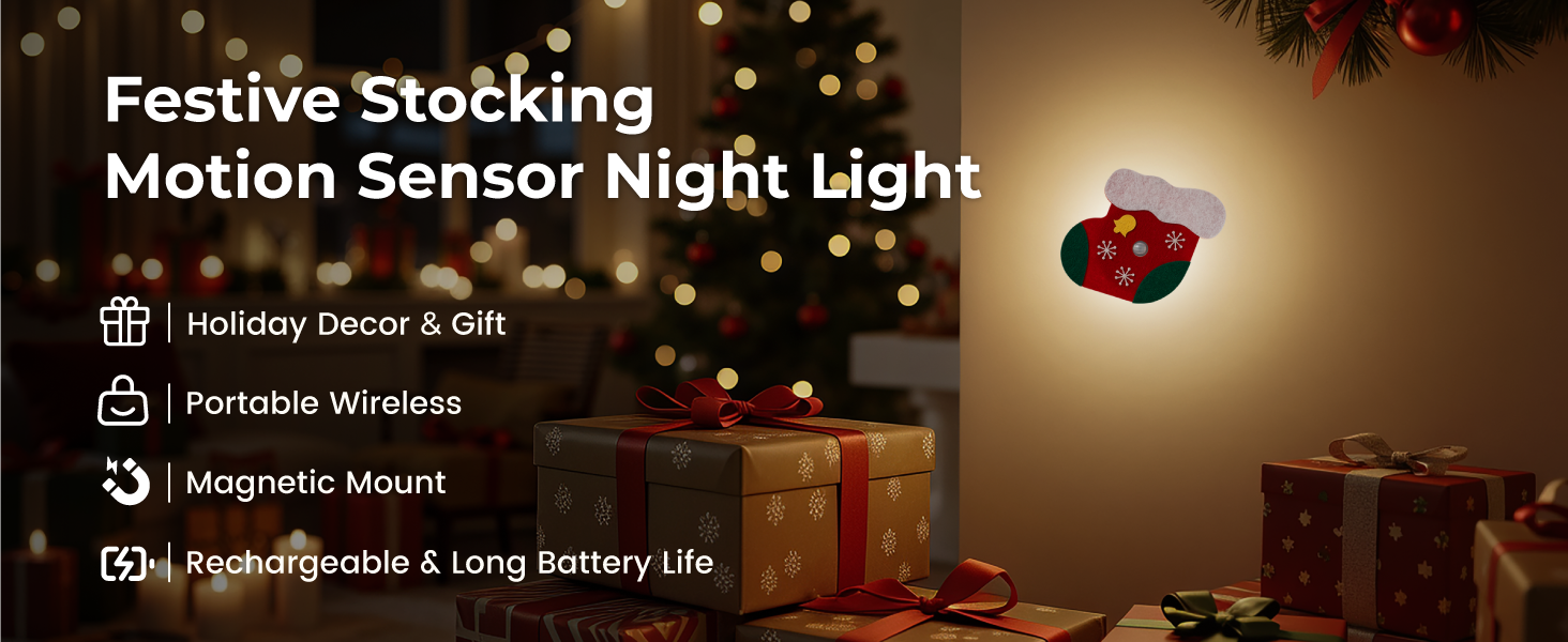 Festive Stocking Motion Sensor Night Light, Felt Rechargeable Cordless LED Decorative Lamp