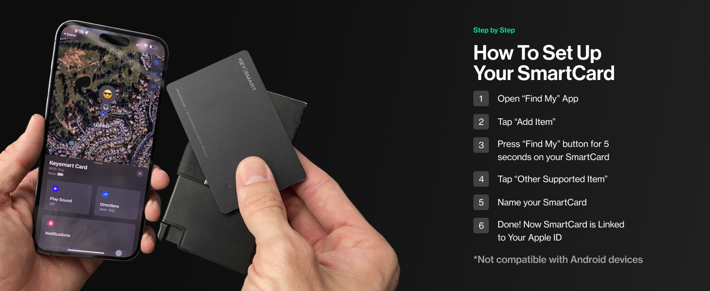 Text reads 'How To Set Up Your SmartCard' with setup steps listed. Hands holding smartphone with purple abstract display and black card.