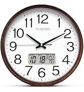 TIMESS Wall Clock, Classic Wood Style Finish, 13 Inch Non-Ticking Silent Battery Operated Quartz ...