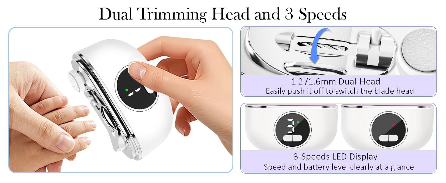 Automatic fingernail clipper with dual trimming head and 3 speeds