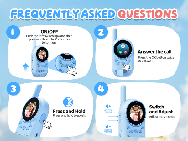 Text reads 'FREQUENTLY ASKED QUESTIONS'. Instruction diagram showing wireless earbud controls with step-by-step icons for on/off, answering calls, and adjusting settings.