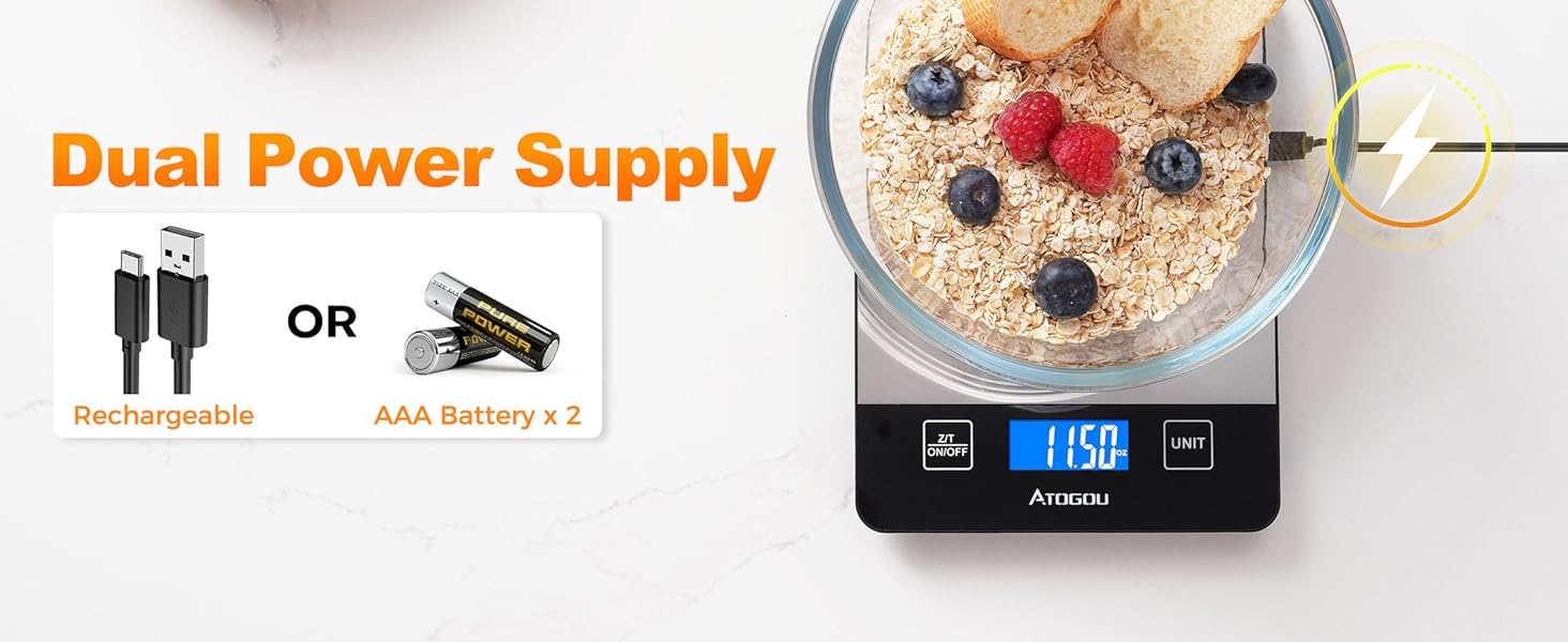 Atogou Food Scale, 33lb/15kg Rechargeable Kitchen Scale with Full-View Backlit LCD Display