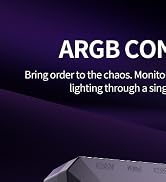 Text reads 'ARGB CON' and 'Bring order to the chaos. Monitor'. Dark purple promotional banner for tech product with geometric shapes.