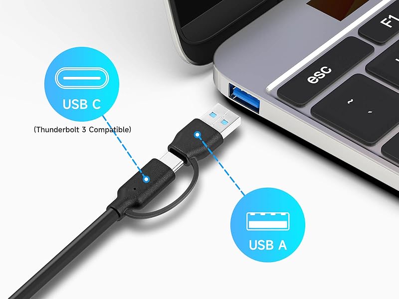 USB cable with both USB-C and USB-A connectors, compatible with Thunderbolt 3. Cable shown plugged into laptop USB port, with icons indicating connector types.