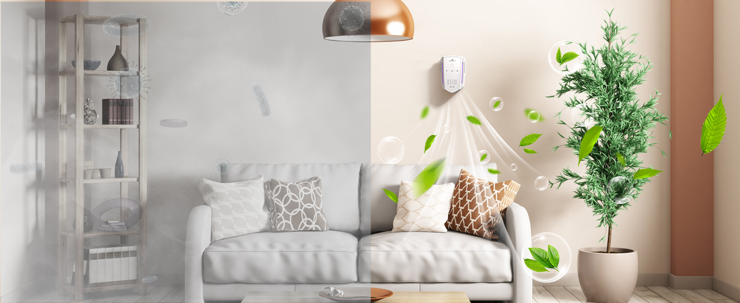 Modern living room interior with neutral tones, featuring a sofa, potted plants, and warm lighting from an arched floor lamp. Clean, minimalist aesthetic with natural elements.