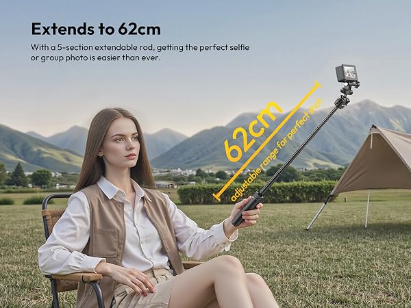 Text shows 'Extends to 62cm'. Multiple images demonstrating camera slider in outdoor mountain setting, showing extended length measurement of 62cm.
