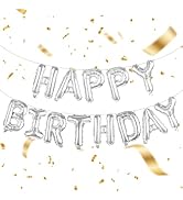 Silver Happy Birthday Balloons 16 Inch Mylar Foil Letters Birthday Sign Bunting Reusable for Girl...